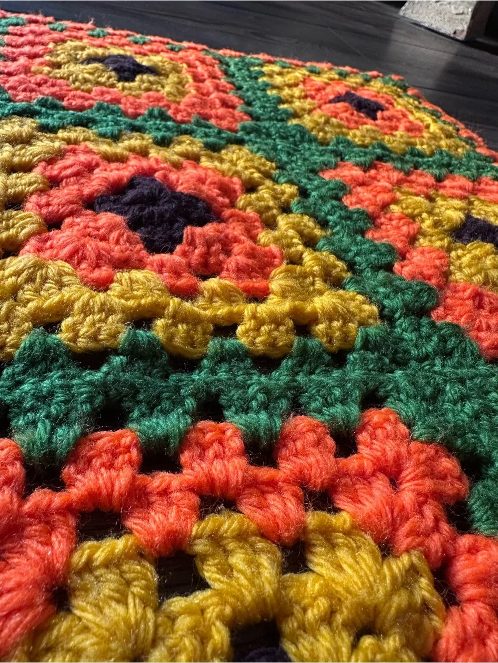 Vintage 70s Crochet Afghan Granny Square Blanket Retro Boho Orange Green Gold